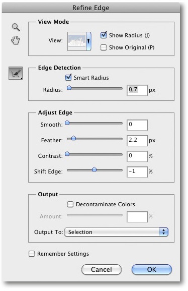 Refine Edge allows you to make a number of subtle improvements to your selection. The function has been further enhanced in CS5.