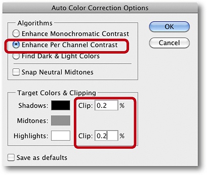 Target clipping values for the Auto Color Correction function