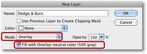 Use these options when creating a new dodge and burn layer.