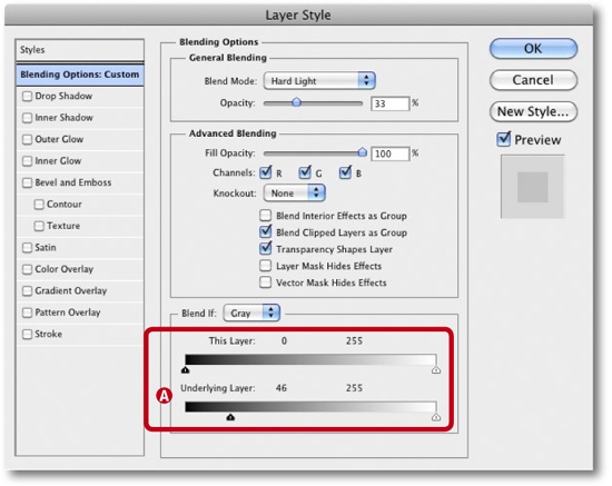 In the Layer Style dialog you can define which tonal values in the underlying layer are influenced by those in the selected layer using the sliders at A.