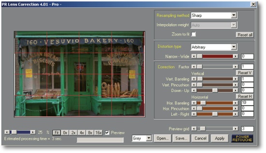 The Power Retouche Lens Corrector dialog (www.powerretouche.com)