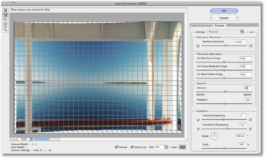 The Lens Correction filter combines several correction functions in one dialog. Preview updates with this filter are slow, even on a fast computer. This screenshot shows the Photoshop CS5 version of the filter.