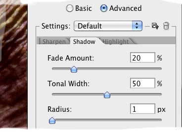 We reduce sharpening in the shadows by increasing the Fade Amount in the Shadow tab.