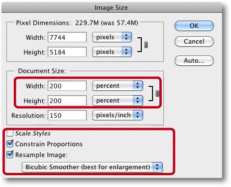 The settings we use to upsize our image to 200%.