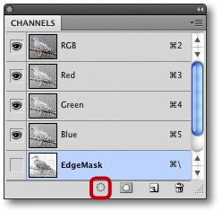 Select the newly created “Edge Mask” channel in the Channels panel and create a selection by clicking the Load Channel as Selection icon .