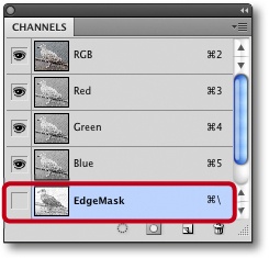 Steps 1–10 create an edge mask in the Channels panel.