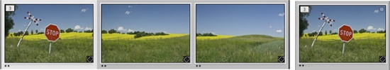 A sequence of three panorama source images. On the left are the images shown as an unfolded stack, and on the right the collapsed stack (this is a screenshot of an Adobe Lightroom stack). The number indicates how many images are in the stack.