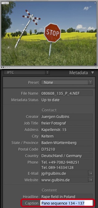 Image thumbnail showing part of the IPTC data. We included the image numbers from the HDRI sequence in the caption (shown here in Adobe Lightroom).