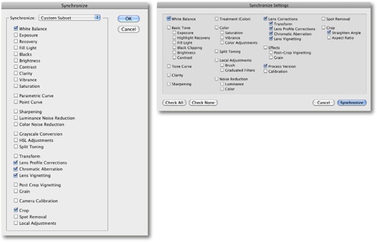 The dialog boxes for synchronizing RAW conversion settings in Lightroom 3 (above) or Camera Raw (left). Here, you can choose which settings to transfer to other currently selected images in the sequence.