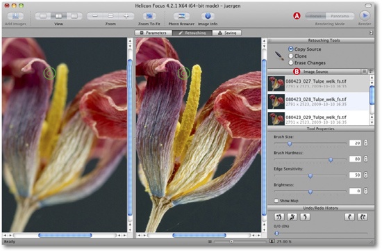 Edit mode. The source image is shown on the left (selected in list B) and the merged image on the right.