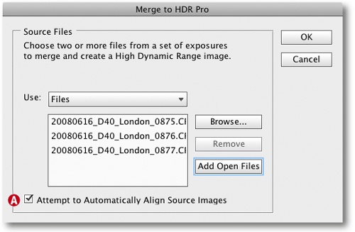 The dialog box used to select the source images for an HDR image. We recommend activating option A.