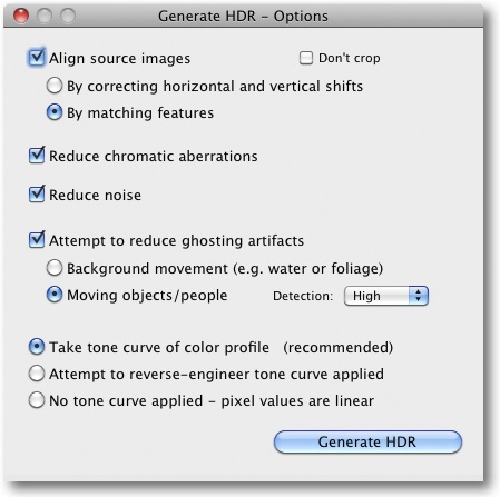 Setting the HDRI generation options in Photomatix Pro