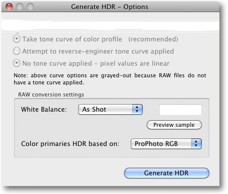 Additional options available for processing RAW files