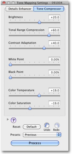 Control panel for Tone Compressor tone mapping.