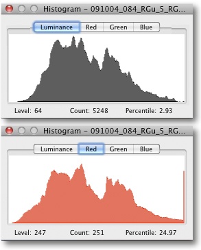 Here, highlight clipping in the red channel is not visible in the combined luminance histogram.