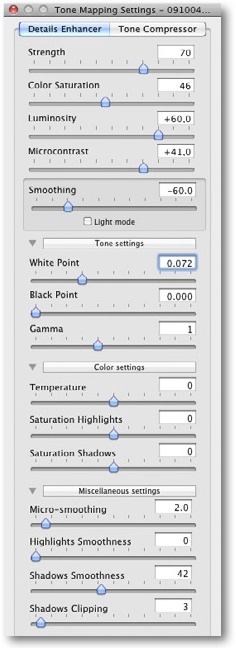 Our final settings for the image shown in