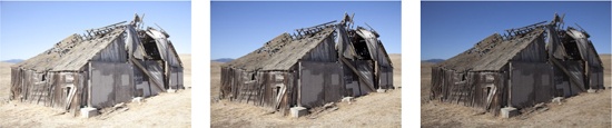 Our three Exposure Fusion source images of an old shed. These were shot using one f-stop intervals.