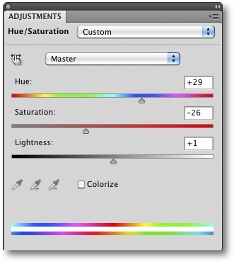 The Hue, Saturation, and Lightness settings all affect the look of our black-and-white image layer.