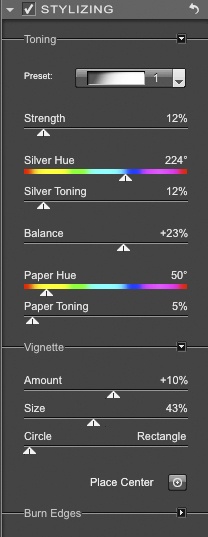 This is the dialog for toning and adding vignettes to your image.