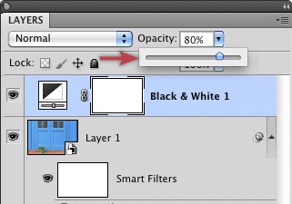 We bring our color image to the fore by reducing the opacity of our Black & White adjustment layer.