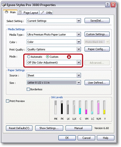 Recommended driver settings for use with an Epson 3800 under Windows