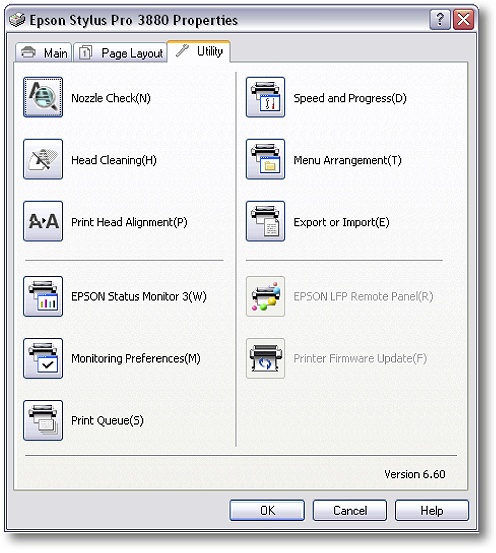 For the Epson 3880, the Utility tab includes a number of maintenance tools and an ink level monitor.