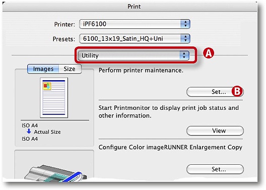 Selecting Utility displays the maintenance and ink level tools.