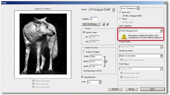 If it includes appropriate support, leave color management to the printer driver.