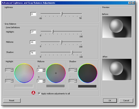 This is the dialog for fine-tuning the tint and gamma settings for your black-and-white prints. You can even select different tints for the highlight and shadow areas of your print.