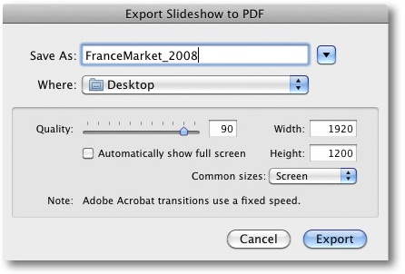 The PDF export dialog allows you to define JPEG compression and the pixel size of your digital slides.