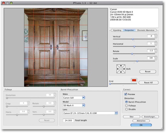 PTLens with activated distortion and perspective correction options