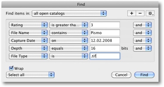 A good search tool will allow you to combine criteria, as shown here in Microsoft Expression Media 2.