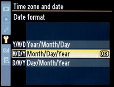 Setup Menu Date format screen