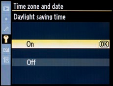 Setup Menu Daylight saving time screen