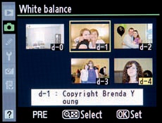 White balance memory locations d-0 to d-4