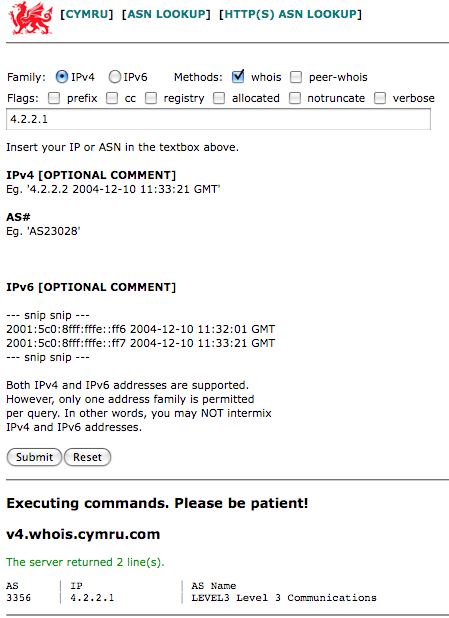Screenshot of a data request using Team Cymru’s IP to ASN service