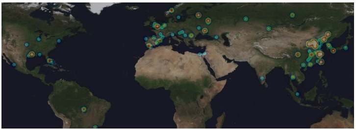 Geographic origins of darknet scans for 2008