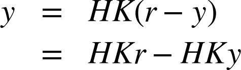 The standard feedback loop. The controller K acts on the tracking error e to produce the input u for the plant H. The plant output y is multiplied by –1 on the return path. At the circle, the negative output –y is added to the setpoint r to yield the tracking error e = r – y.