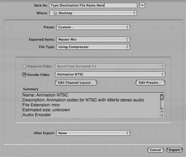 Figure 10-10 Selecting Using Compressor in the File Type dropdown expands the export window to provide a consolidated view of the actual Compressor program. Using Compressor is an efficient way of compressing audio and video without resorting to a stand-alone program.