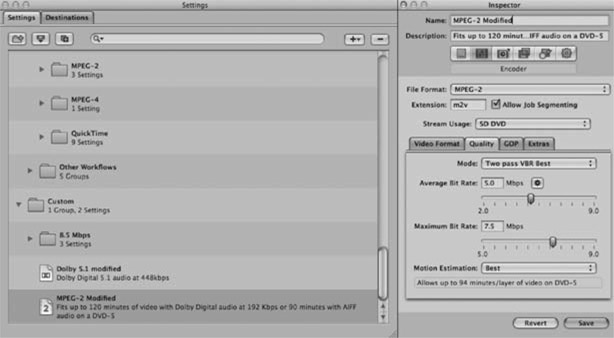 Figure 10-14 The Quality tab allows for different data rate settings. Using a two-pass setting will scan the entire video twice, causing it to take twice as long as a one-pass scan. Use the Bit Rate sliders to select the average and maximum bit rates of the video file. Remember: A standard DVD has a maximum bit rate of 9800 kbps for the audio and video combined so plan accordingly.