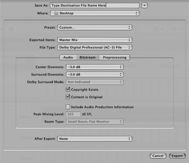 Figure 10-19 Audio filters and compression settings can be defined in the Preprocessing pane. Make sure to select the appropriate Compression Preset to avoid major alterations to the original mix in the resulting Dolby file.