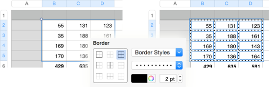 **Figure 231:** The transformation from plain to… _not_ plain using the Border options in the Cell pane. The dotted borders on the right are surrounded in blue because they’re still selected.