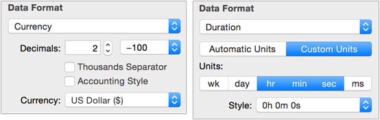 **Figure 61:** Data format options, such as those for Currency and Duration, change based on the data type chosen from the Data Format pop-up menu.