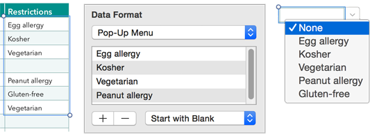 **Figure 55:** Left: The selected data. Center: The menu entries in the Cell pane. Right: The pop-up menu for a formatted cell.