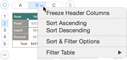 **Figure 12:** A Column pop-up menu, with commands appropriate to the single cell selected in the table.