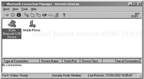 The screen shot shows the results of a device discovery procedure where the list of expected parameters are named according to the general rules provided within the Generic Access Profile (the 3Com Bluetooth Connection Manager has discovered another 3Com device and a mobile phone is also shown).