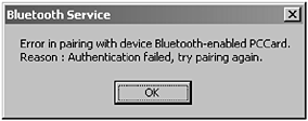 The screen shot shows a user being prompted when the incorrect Bluetooth Passkey was entered. (Courtesy of TDK Systems Europe.)