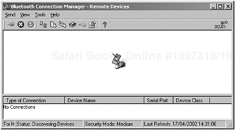 The screen shot shows DeviceA performing a device discovery, where the initial procedure initiated is a discovery of devices in radio range (the 3Com Bluetooth Connection Manager is shown performing a device discovery).