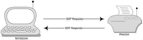 In this example, the client (notebook) and the server (printer) use the response-request paradigm to exchange information about the one service being offered.
