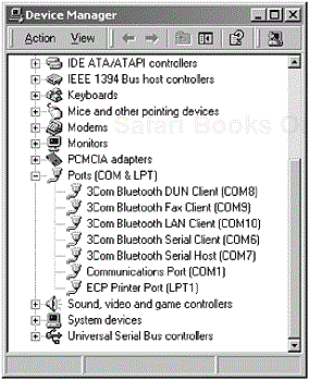 In the Microsoft Windows Device Manager, the Bluetooth Virtual Serial Port In the Microsoft Windows environment, a PC or notebook may typically have two physical or standard serial communication ports available. As such, they are offered to the user as COM1 and COM2. Virtual serial ports offered would then commence from COM3, COM4 and so on, and these are referred to as non-standard ports. has been configured ready for use by any legacy application. (The 3Com Bluetooth Connection Manager has registered with the operating system a range of virtual serial ports that are ready for use.)